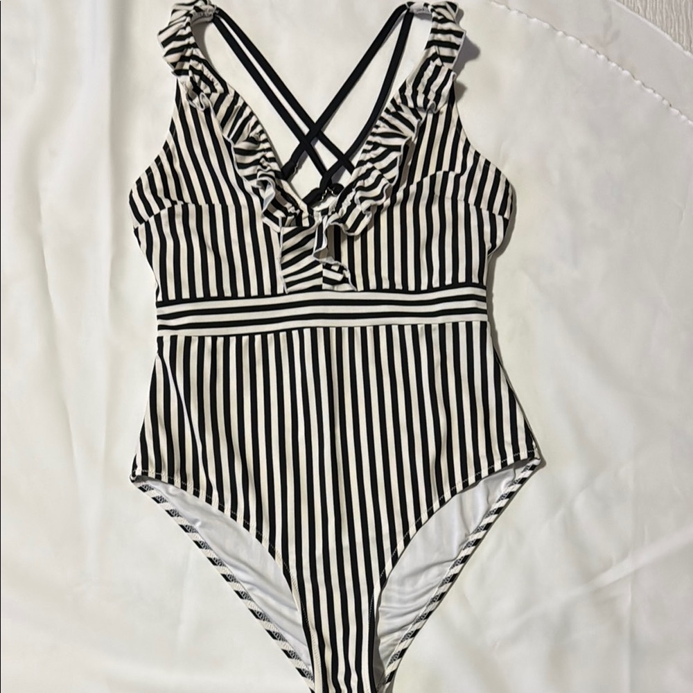Black and White Striped one piece Swimsuit Size XL